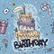 Seamless texture of blue colored doodles to birthday