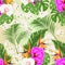 Seamless texture Bouquet with tropical flowers Strelitzia reginae white and purple orchids Phalaenopsis palm monstera leaf bana