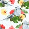 Seamless texture Budgerigar, blue pet parakeet and hibiscus on a tropical background vintage vector illustration editable