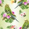 Seamless texture Budgerigar green  pets parakeet  on a bouquet with tropical flowers purple and white orchid phalenopsis and