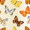 Seamless texture butterflies various mountain meadow and forest butterflies environment watercolor vintage nature background