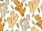 Seamless texture with cartoon ginger roots with leaves on a white background. Healthy food. Flat vector background