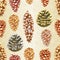 Seamless texture Christmas and New Year decorations Four pine cones larch cones natural and golden pine cones and snow pine cones