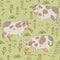 Seamless texture with cows, bull and flowers in th