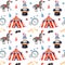 Seamless Texture with cute little bunny in a hat,zebra,circus tent,ribbon,bike.