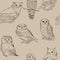 Seamless texture with different owls in retro style