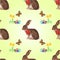 Seamless texture easter hare with butterflies and daffodil vector