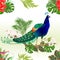 Seamless texture exotic bird beauty Peacock natural and tropical flowers lili anthuria and cala watercolor vintage vector illustr