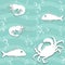 Seamless texture with fish, crab, shrimp, bubble and wave.