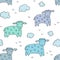 Seamless texture with funny sheep, lambs and hand drawn elements