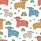 Seamless texture with funny sheep, lambs and hand drawn elements