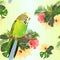 Seamless texture green  Budgerigar, home pets ,green  parakeet  on a branch bouquet with tropical flowers hibiscus, palm,