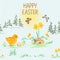 Seamless texture Happy easter spring landscape forest narcissus  and easter eggs  and Easter chicks butterflies in the grass with