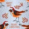 Seamless texture happy  small bird Black Redstart Santa Merry Christmas and New yar and lettering and snow  vintage vector