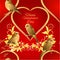Seamless texture little golden birds and heart golden leaves valentines place for text red background vintage vector illustration