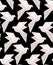 Seamless texture with paper white origami doves on a black background. Flying free birds. Vector 3d pattern