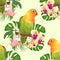 Seamless texture Parrot Agapornis lovebird tropical bird standing on a branch and Brugmansia with yellow orchid on a white backgr