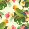 Seamless texture Parrot lovebird Agapornis tropical bird standing on a branch and hibiscus vintage vector illustration editable h