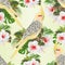 Seamless texture parrot yellow cockatiel cute tropical bird and white hibiscus watercolor style on a green background vintage ve
