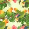 Seamless texture Parrots Agapornis lovebird tropical birds standing on a branch and Brugmansia with pink and yellow hibiscus vi