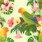 Seamless texture Parrots lovebird Agapornis tropical birds standing on a branch and hibiscus and Brugmansia with yellow orchid vi