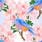 Seamless texture Small bird Bluebird thrush and light pink rhododendron branch vintage vector illustration editable