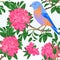 Seamless texture small bird Bluebird thrush and pinkrhododendron spring background vintage vector illustration editable