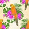 Seamless texture Sun Conure Parrot tropical bird standing on a purple orchid Phalaenopsis and palm, phiodendron background vector