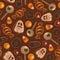 Seamless texture theme of halloween, includes elements of ghost cookie, candy corn, sweets, candy eye and licorice candies. Autumn