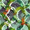 Seamless texture on the theme of the tropics, jungle from palm leaves, monstera, banana leaves, strelitzia and heliconia flowers