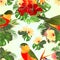 Seamless texture tropical birds cute small funny bird and yellow and pink hibiscus watercolor style on a white background vintag