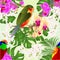 Seamless texture tropical birds standing on a purple and yellow orchids Phalaenopsis and palm, philodendronon nature background v