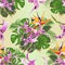 Seamless texture tropical flowers floral arrangement with beautiful Orchid Dendrobium and Strelitzia palm,philodendron and ficu