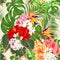 Seamless texture tropical flowers floral arrangement with Strelitzia and pink red yellow hibiscus and orchids Cymbidium philode