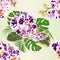 Seamless texture tropical flowers with orchids spotted Phalenopsis floral arrangement, with beautiful palm,philodendron and fi