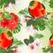 Seamless texture tropical funny bird  with tropical flowers   Strelitzia and pink and white hibiscus   palm,philodendron and