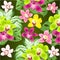 Seamless texture tropical Orchids Cymbidium green yellow pink and purple flowers and Monstera foliage nature background vintage
