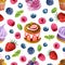 Seamless texture of watercolor desserts and berries. Bright print with food elements