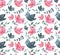 Seamless Texture With Watercolor Little Blue and Pink Birds And Leaves