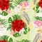 Seamless texture Yellow cockatiel  tropical bird   parrot watercolor style and tropicel flowers hibiscus, orchid cymbidium vintage