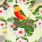 Seamless texture Yellow cockatiels cute tropical birds funny parrots and tropical bird and white hibiscus watercolor style on a g