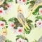 Seamless texture Yellow cockatiels cute tropical birds funny parrots and white hibiscus watercolor style on a green background vin