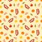 Seamless Thanksgiving fall pattern with pumpkin colorful maple ash leaves, twigs, berries on peachy background. Autumn nature