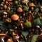 Seamless tile pattern with mushrooms, moss and leaves. Made with Generative AI.