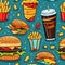 Seamless tile repeating background of fast food items, such as french fries, soda and cheeseburgers.