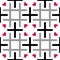 Seamless tileable pattern with cross, grid and pink heart over white background