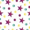 Seamless tileable pattern with purple stars and polka dots
