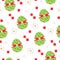 Seamless tileable vector with Easter eggs and daisy flowers in green and red colors