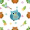 Seamless tiling colorful texture with owls and flowers