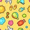 Seamless travel kawaii pattern with cute doodles. Summer collection of cheerful cartoon characters sun, airplane, ship